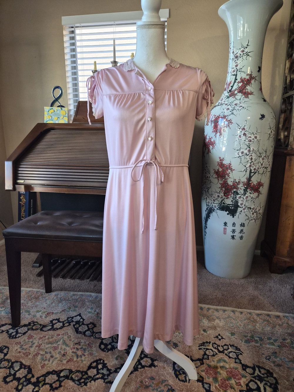 Women's Handmade Vintage Pink Short-Sleeve Midi Dress